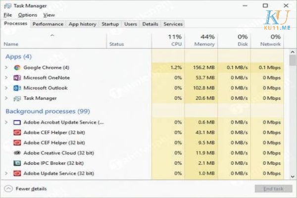 Tab Processes của Task Manager